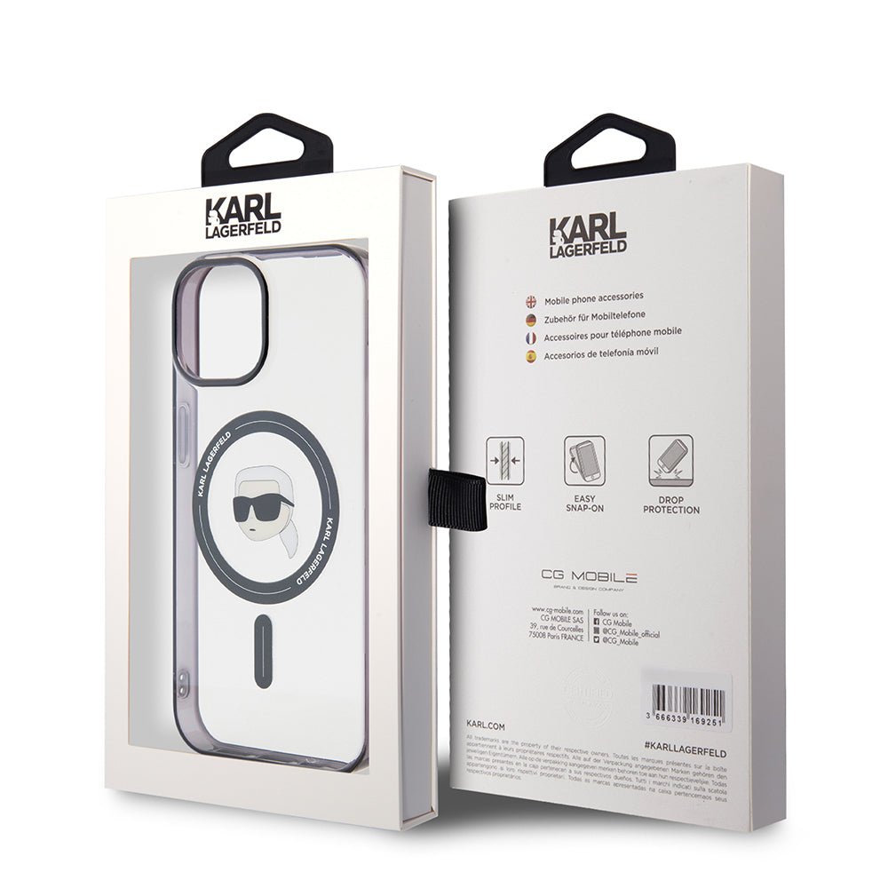 Ovitek MagSafe za Apple iPhone 15, Karl Lagerfeld, IML Karl's Head, Prozoren