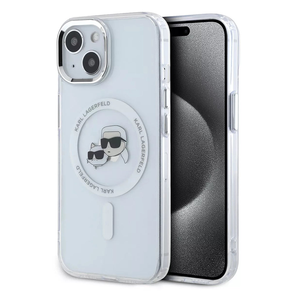 Ovitek MagSafe za Apple iPhone 15, Karl Lagerfeld, IML Metal Karl & Choupette's Heads, Bela