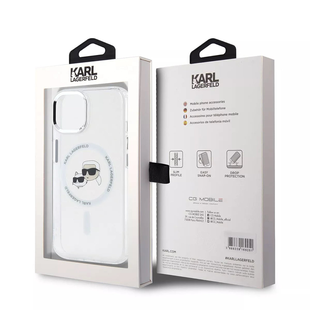 Ovitek MagSafe za Apple iPhone 15, Karl Lagerfeld, IML Metal Karl & Choupette's Heads, Bela