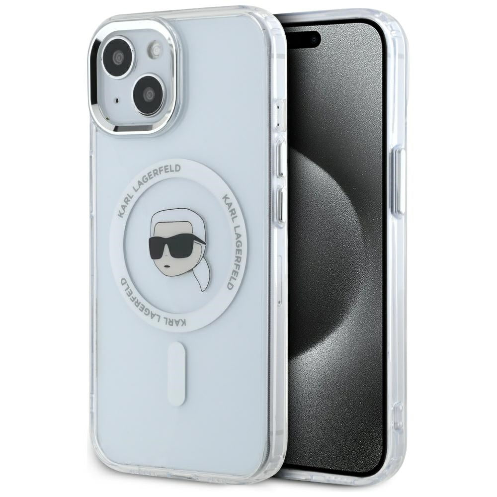 Ovitek MagSafe za Apple iPhone 15, Karl Lagerfeld, IML Metal Karl's Head, Bela