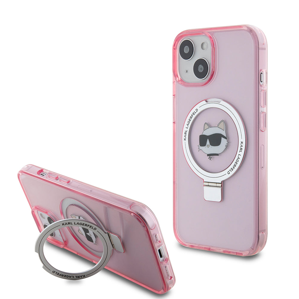 Ovitek MagSafe za Apple iPhone 15, Karl Lagerfeld, Ring Stand Choupette's Head, Roza