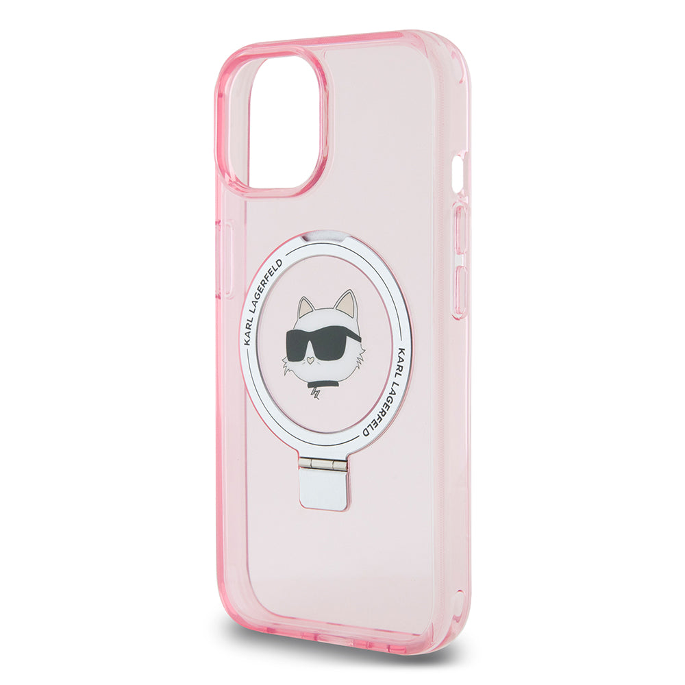 Ovitek MagSafe za Apple iPhone 15, Karl Lagerfeld, Ring Stand Choupette's Head, Roza