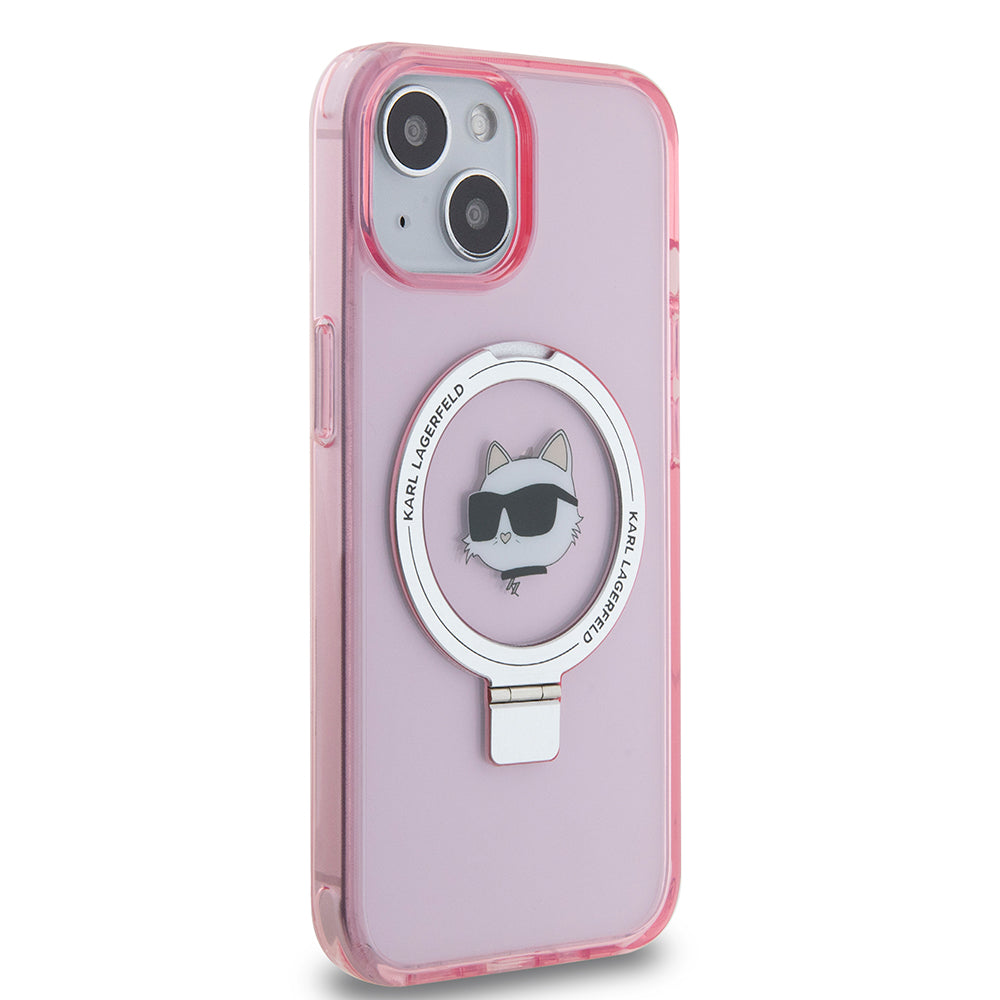 Ovitek MagSafe za Apple iPhone 15, Karl Lagerfeld, Ring Stand Choupette's Head, Roza