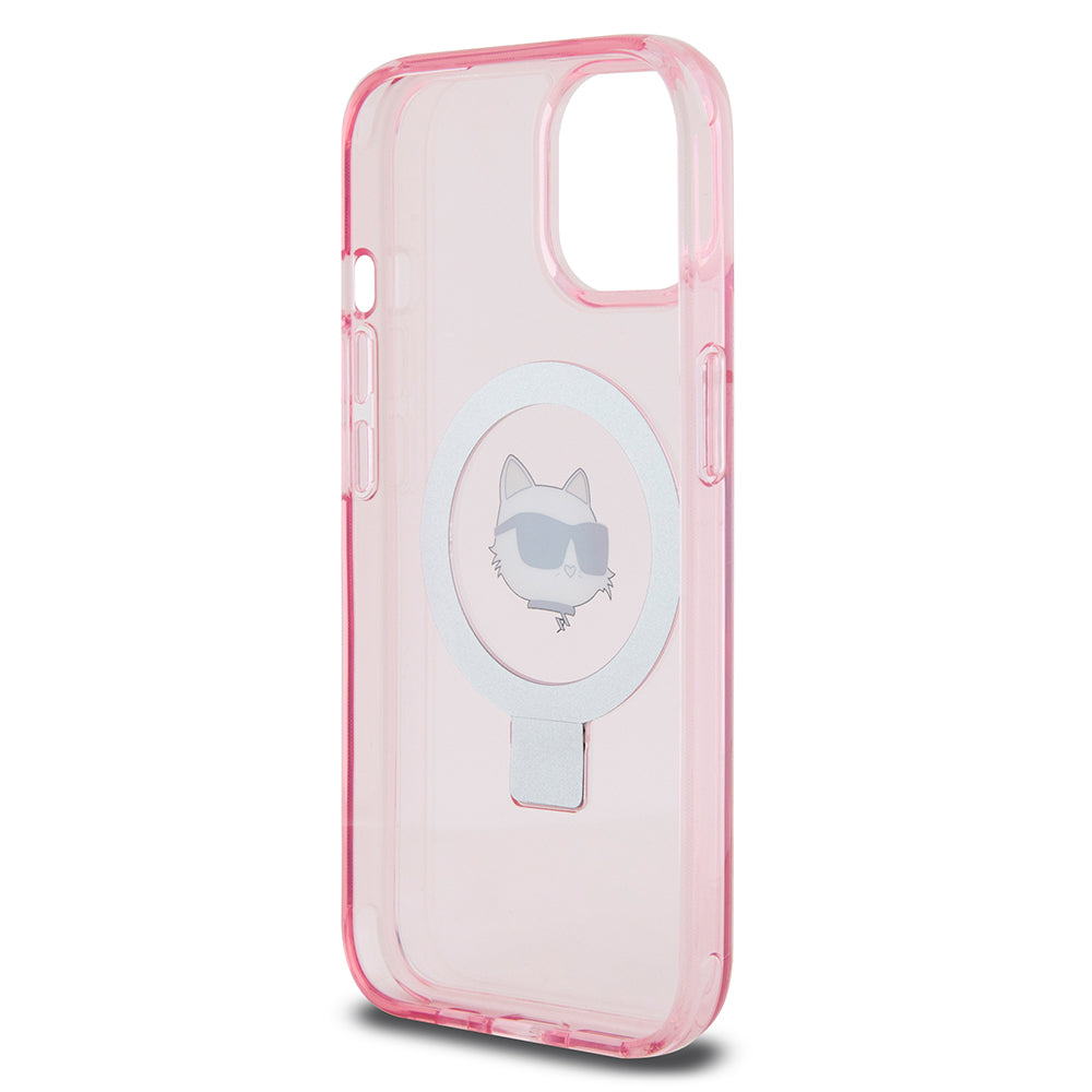 Ovitek MagSafe za Apple iPhone 15, Karl Lagerfeld, Ring Stand Choupette's Head, Roza