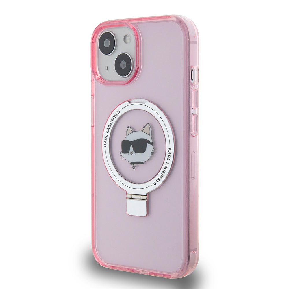 Ovitek MagSafe za Apple iPhone 15, Karl Lagerfeld, Ring Stand Choupette's Head, Roza