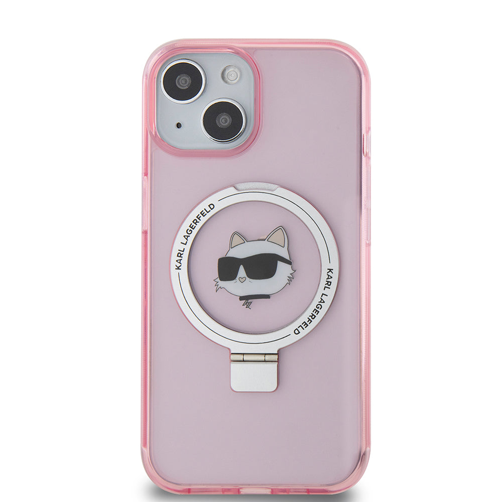 Ovitek MagSafe za Apple iPhone 15, Karl Lagerfeld, Ring Stand Choupette's Head, Roza