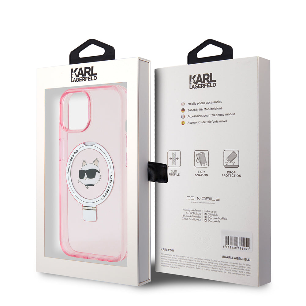 Ovitek MagSafe za Apple iPhone 15, Karl Lagerfeld, Ring Stand Choupette's Head, Roza