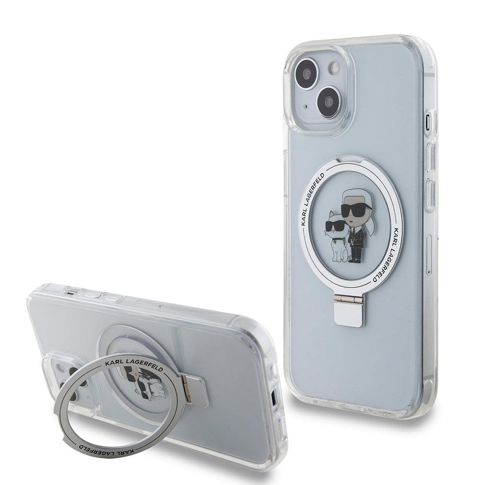 Ovitek MagSafe za Apple iPhone 15, Karl Lagerfeld, Ring Stand Karl & Choupette, Bela