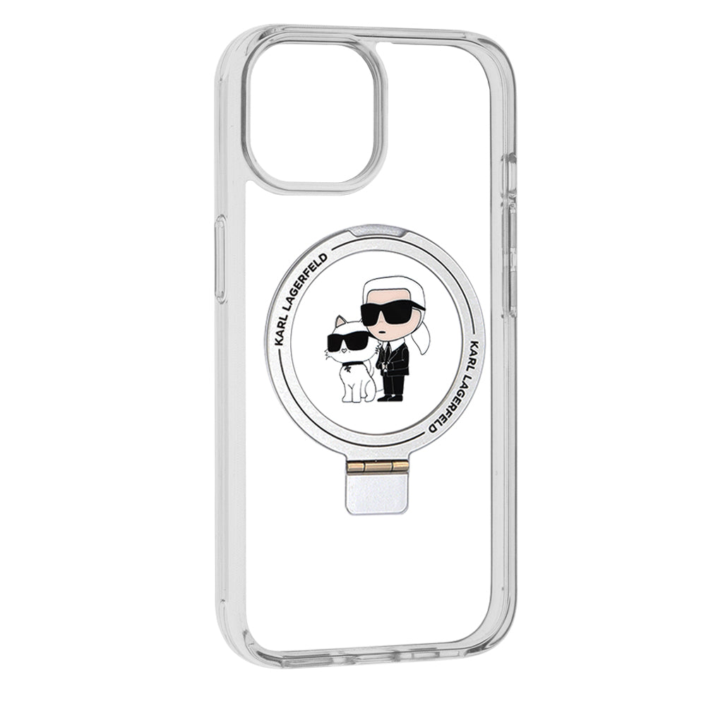 Ovitek MagSafe za Apple iPhone 15, Karl Lagerfeld, Ring Stand Karl & Choupette, Bela