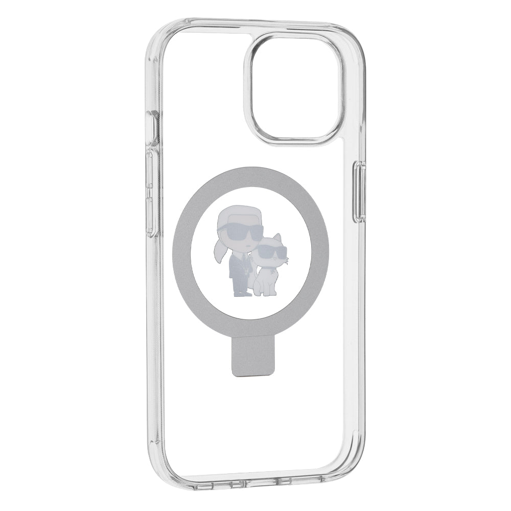 Ovitek MagSafe za Apple iPhone 15, Karl Lagerfeld, Ring Stand Karl & Choupette, Bela