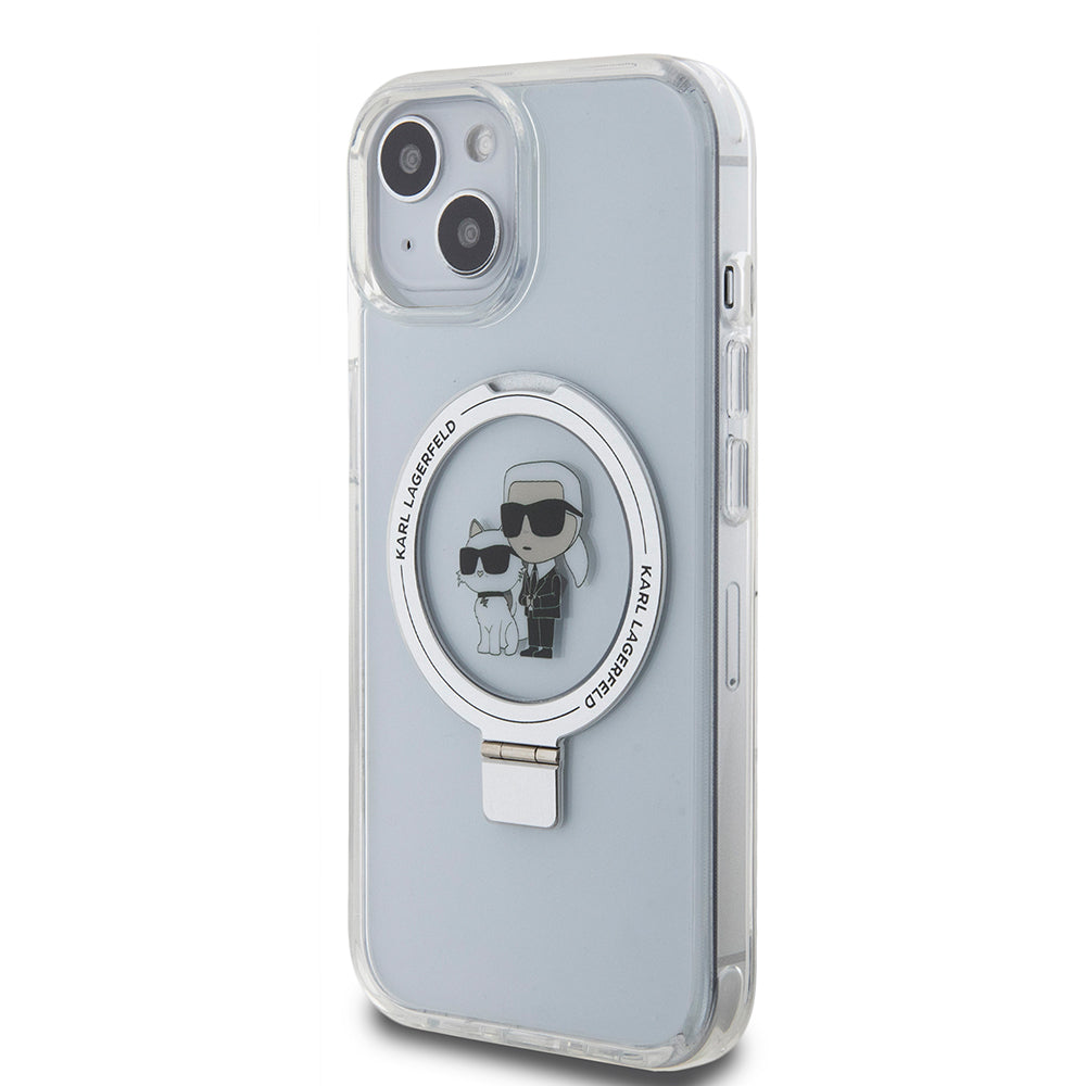 Ovitek MagSafe za Apple iPhone 15, Karl Lagerfeld, Ring Stand Karl & Choupette, Bela
