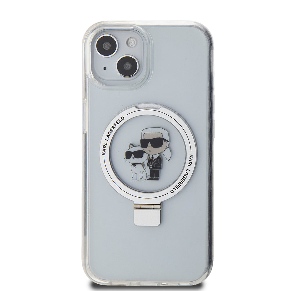 Ovitek MagSafe za Apple iPhone 15, Karl Lagerfeld, Ring Stand Karl & Choupette, Bela
