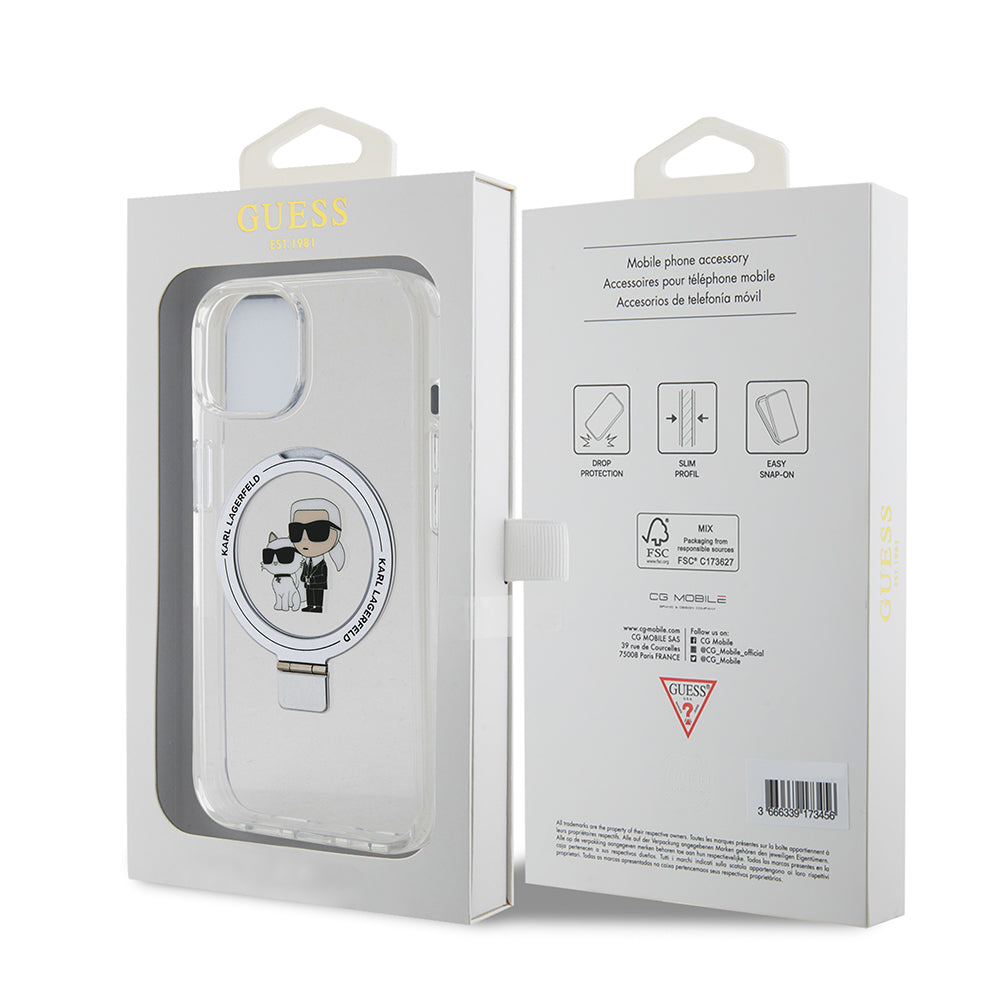 Ovitek MagSafe za Apple iPhone 15, Karl Lagerfeld, Ring Stand Karl & Choupette, Bela