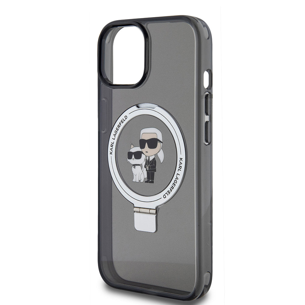 Ovitek MagSafe za Apple iPhone 15, Karl Lagerfeld, Ring Stand Karl & Choupette, črn