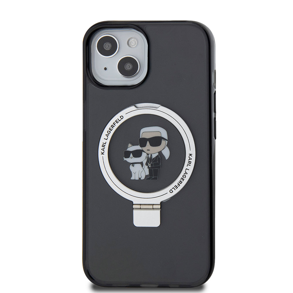 Ovitek MagSafe za Apple iPhone 15, Karl Lagerfeld, Ring Stand Karl & Choupette, črn