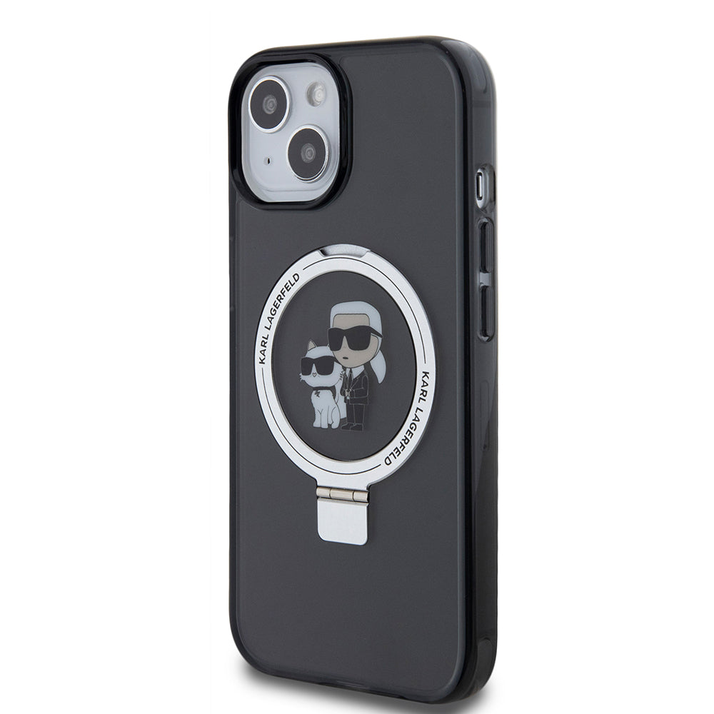 Ovitek MagSafe za Apple iPhone 15, Karl Lagerfeld, Ring Stand Karl & Choupette, črn