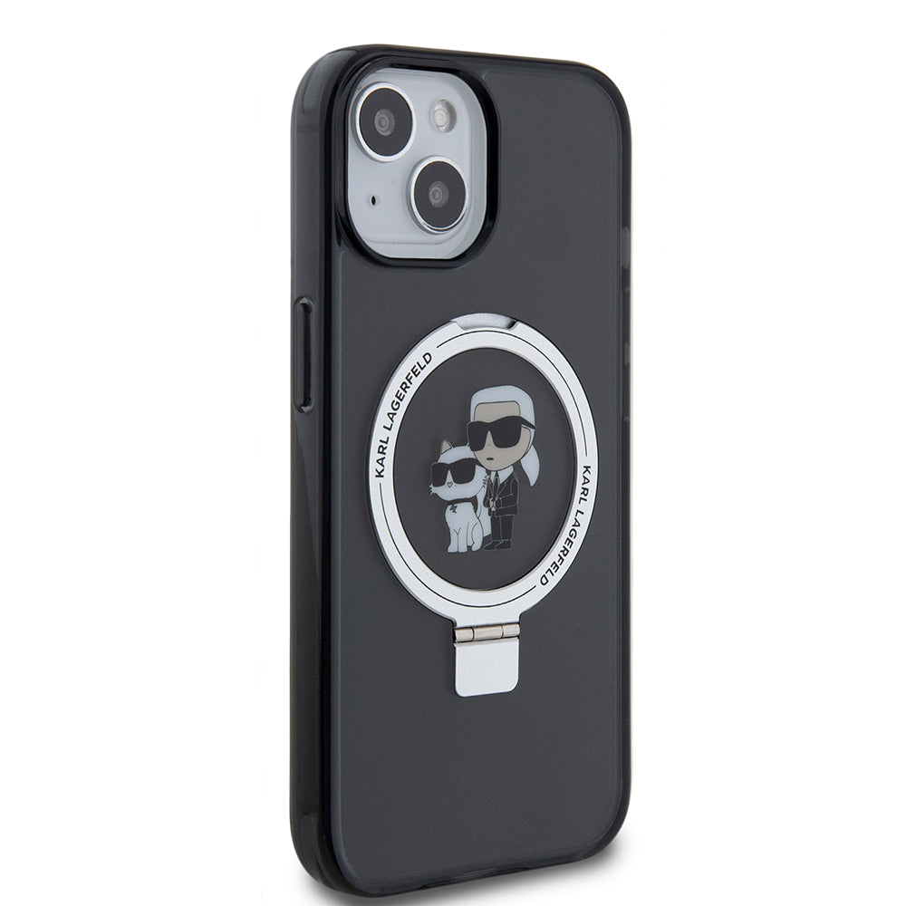 Ovitek MagSafe za Apple iPhone 15, Karl Lagerfeld, Ring Stand Karl & Choupette, črn