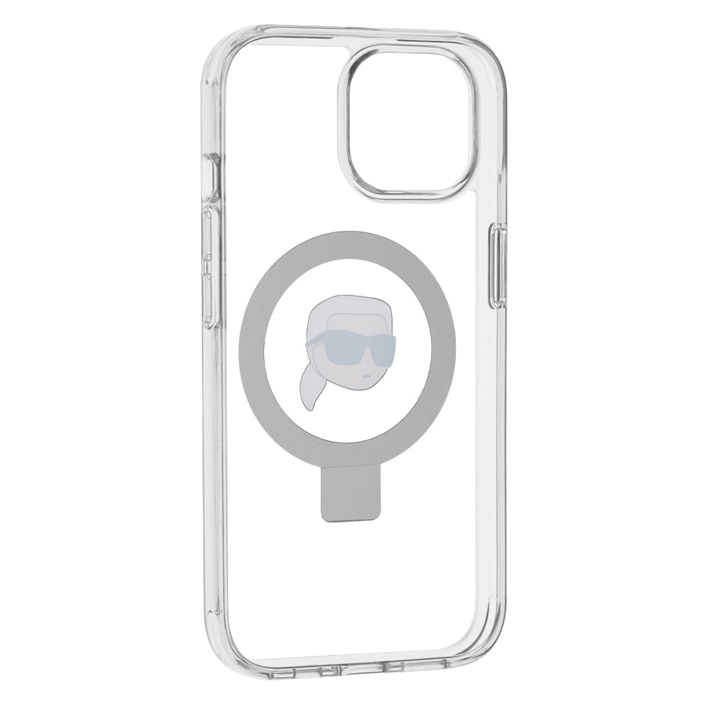 Ovitek MagSafe za Apple iPhone 15, Karl Lagerfeld, Ring Stand Karl's Head, Bela
