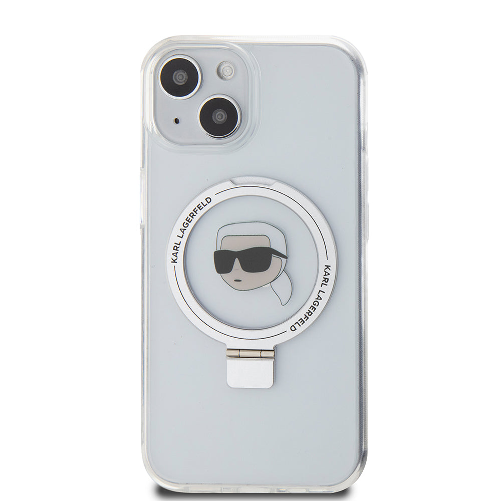 Ovitek MagSafe za Apple iPhone 15, Karl Lagerfeld, Ring Stand Karl's Head, Bela