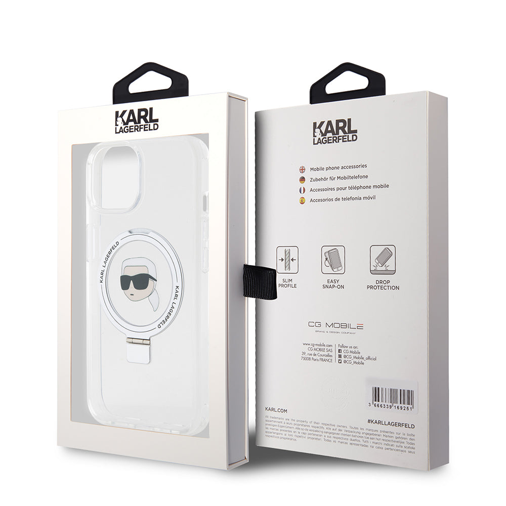 Ovitek MagSafe za Apple iPhone 15, Karl Lagerfeld, Ring Stand Karl's Head, Bela