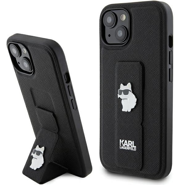 Ovitek MagSafe za Apple iPhone 15, Karl Lagerfeld, Saffiano Gripstand Choupette, črn.
