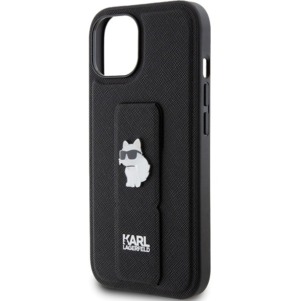Ovitek MagSafe za Apple iPhone 15, Karl Lagerfeld, Saffiano Gripstand Choupette, črn.