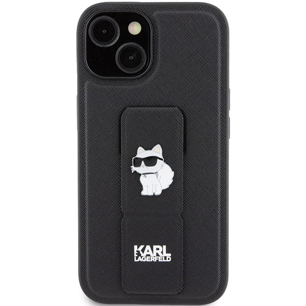 Ovitek MagSafe za Apple iPhone 15, Karl Lagerfeld, Saffiano Gripstand Choupette, črn.