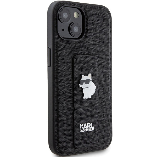 Ovitek MagSafe za Apple iPhone 15, Karl Lagerfeld, Saffiano Gripstand Choupette, črn.