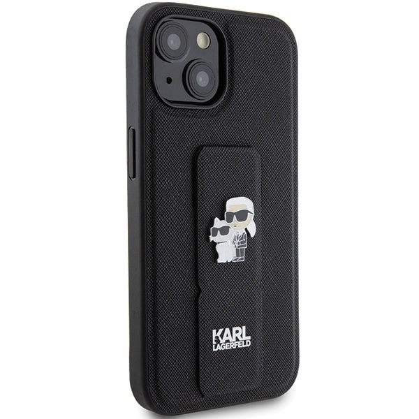 Ovitek MagSafe za Apple iPhone 15, Karl Lagerfeld, Saffiano Gripstand Karl & Choupette, črn