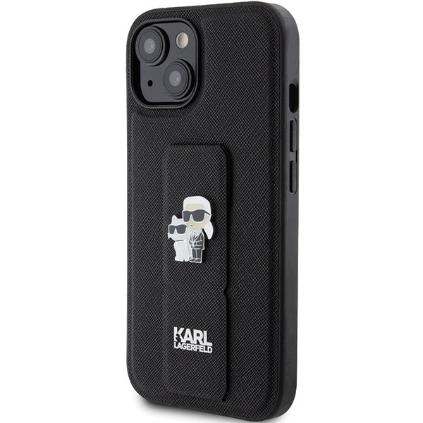 Ovitek MagSafe za Apple iPhone 15, Karl Lagerfeld, Saffiano Gripstand Karl & Choupette, črn
