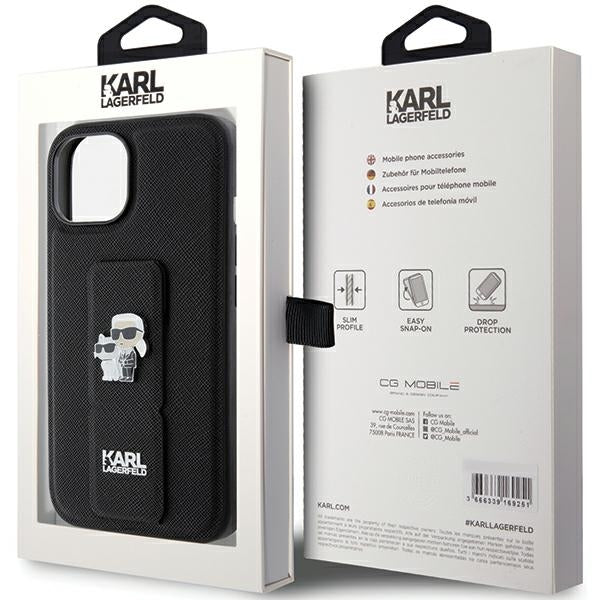 Ovitek MagSafe za Apple iPhone 15, Karl Lagerfeld, Saffiano Gripstand Karl & Choupette, črn