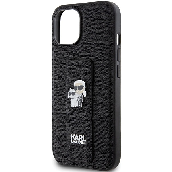 Ovitek MagSafe za Apple iPhone 15 Plus / 14 Plus, Karl Lagerfeld, Saffiano Gripstand Karl & Choupette, Črn