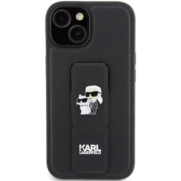 Ovitek MagSafe za Apple iPhone 15 Plus / 14 Plus, Karl Lagerfeld, Saffiano Gripstand Karl & Choupette, Črn