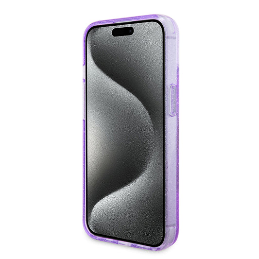 Ovitek MagSafe za Apple iPhone 15 Plus, Guess, Ring Stand Script Glitter, Vijolična