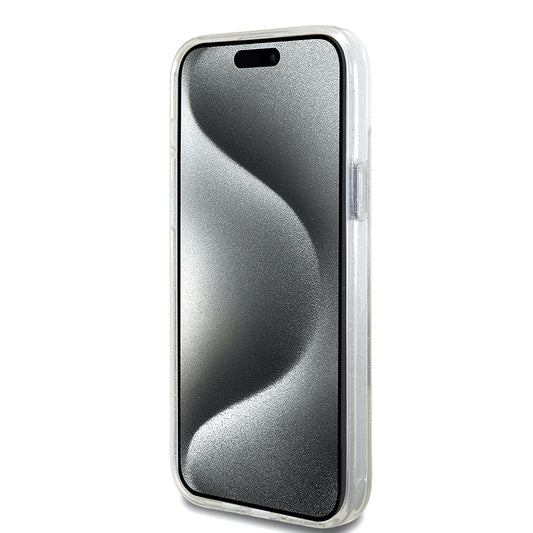 Ovitek MagSafe za Apple iPhone 15 Plus, Guess, Ring Stand Script Glitter, Prozoren