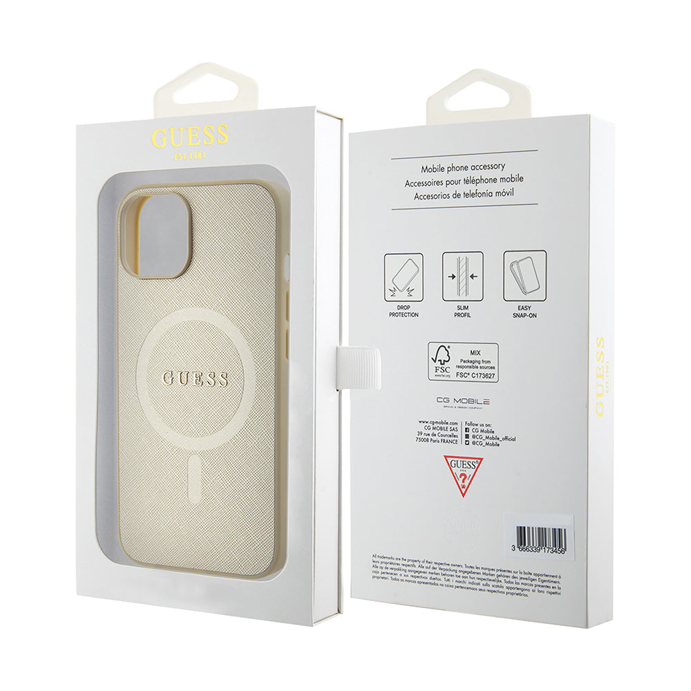 Ovitek MagSafe za Apple iPhone 15 Plus, Guess, Saffiano, Zlat