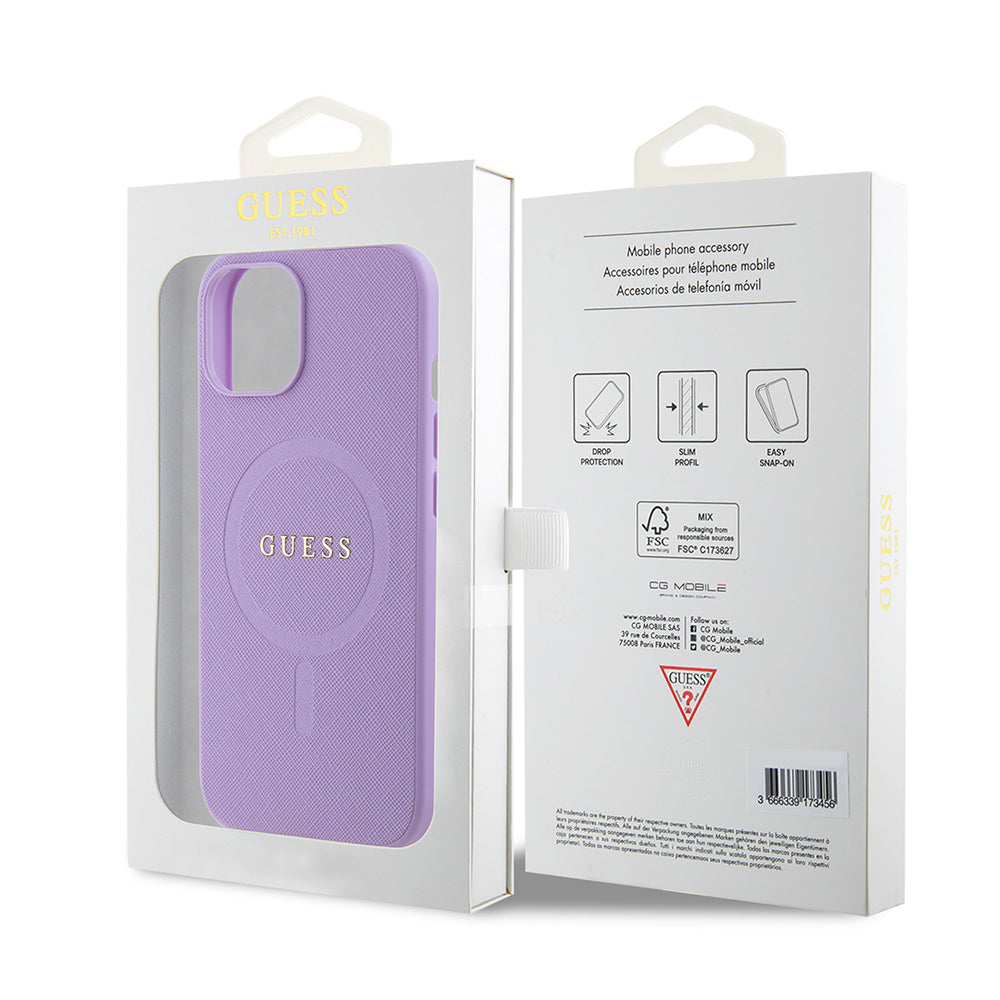 Ovitek MagSafe za Apple iPhone 15 Plus, Guess, Saffiano, Vijolična