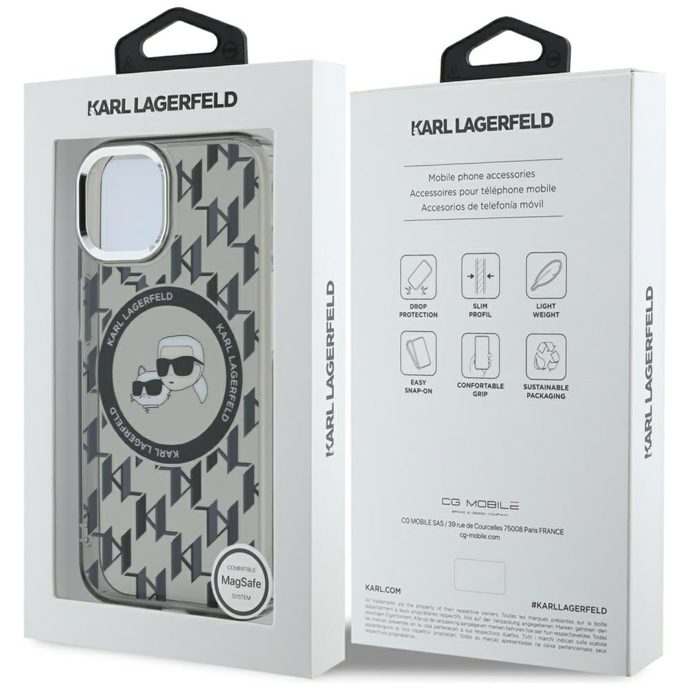 Ovitek MagSafe za Apple iPhone 15 Plus, Karl Lagerfeld, IML Monogram Karl & Choupette's Heads, Črna
