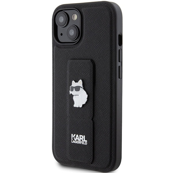 Ovitek MagSafe za Apple iPhone 15 Plus, Karl Lagerfeld, Saffiano Gripstand Choupette, črn