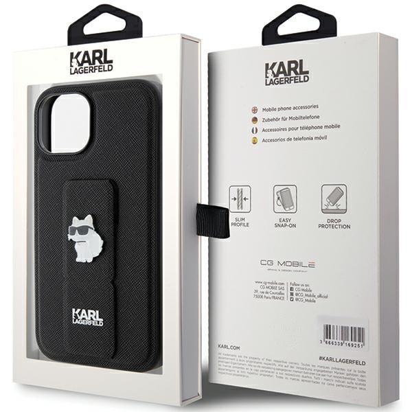 Ovitek MagSafe za Apple iPhone 15 Plus, Karl Lagerfeld, Saffiano Gripstand Choupette, črn