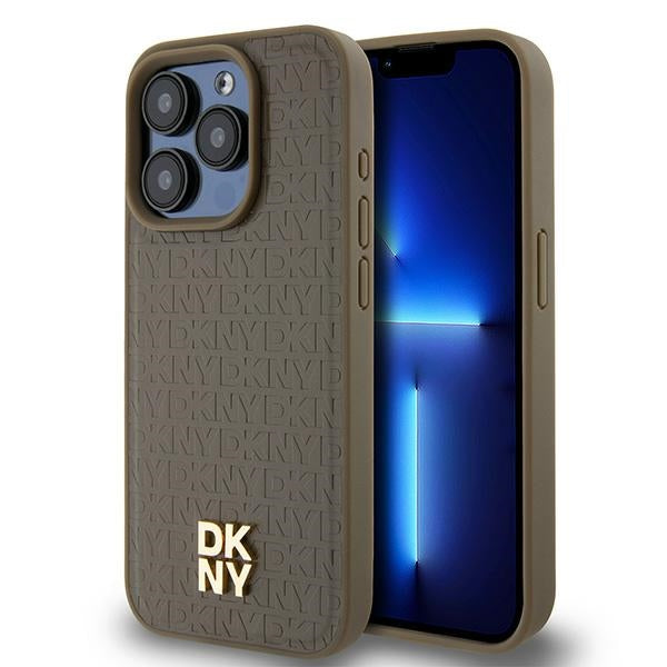 Ovitek MagSafe za Apple iPhone 15 Pro, DKNY, Monogram vzorec kovinskega logotipa, rjava