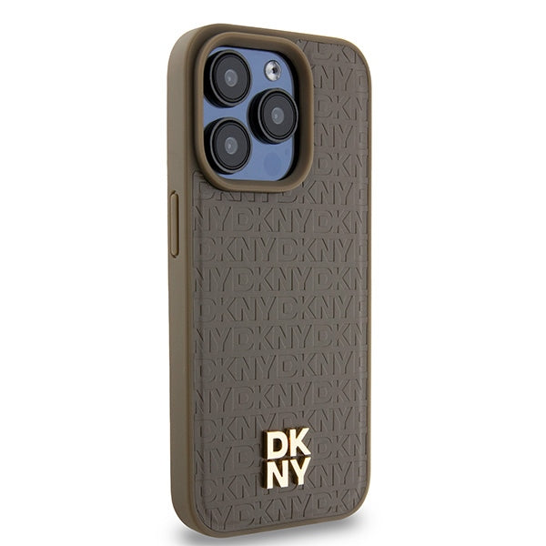 Ovitek MagSafe za Apple iPhone 15 Pro, DKNY, Monogram vzorec kovinskega logotipa, rjava