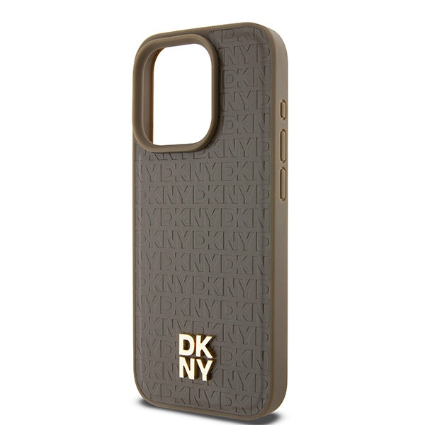 Ovitek MagSafe za Apple iPhone 15 Pro, DKNY, Monogram vzorec kovinskega logotipa, rjava