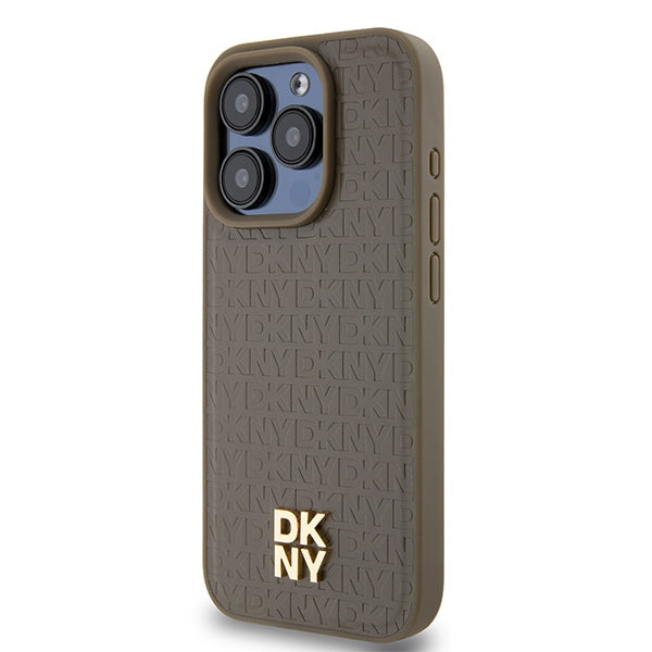 Ovitek MagSafe za Apple iPhone 15 Pro, DKNY, Monogram vzorec kovinskega logotipa, rjava
