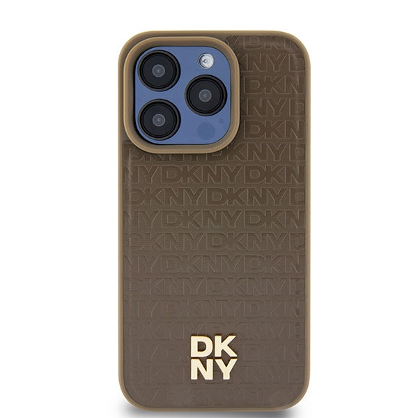 Ovitek MagSafe za Apple iPhone 15 Pro, DKNY, Monogram vzorec kovinskega logotipa, rjava