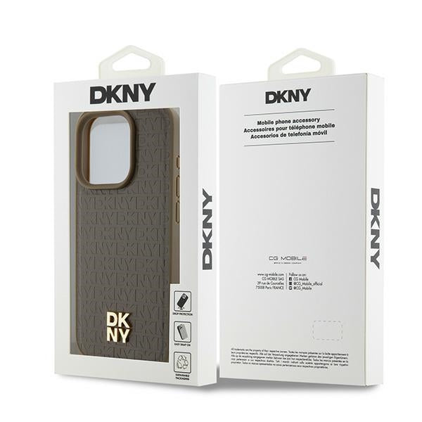 Ovitek MagSafe za Apple iPhone 15 Pro, DKNY, Monogram vzorec kovinskega logotipa, rjava