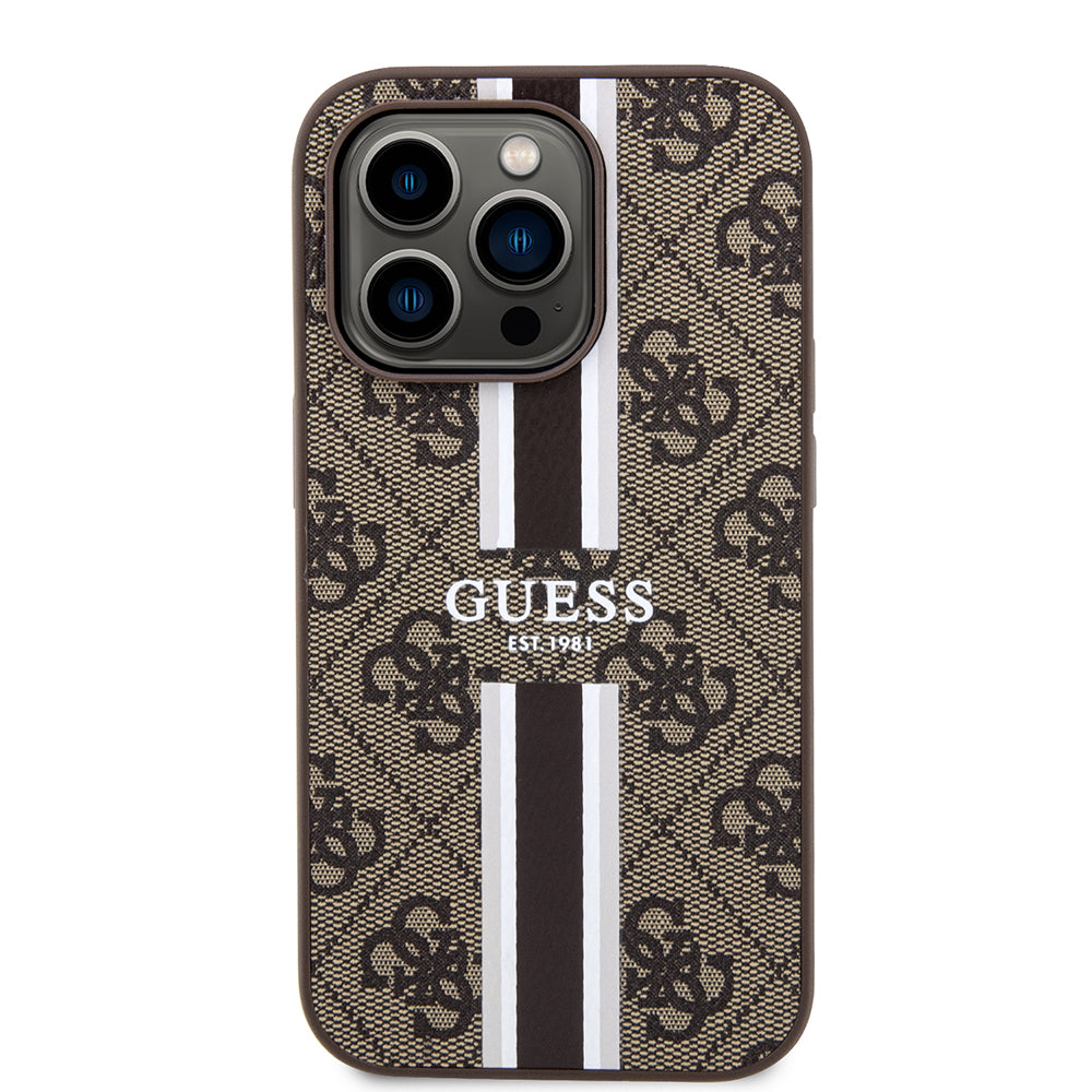 Ovitek MagSafe za Apple iPhone 15 Pro, Guess, 4G Printed Stripes, rjava