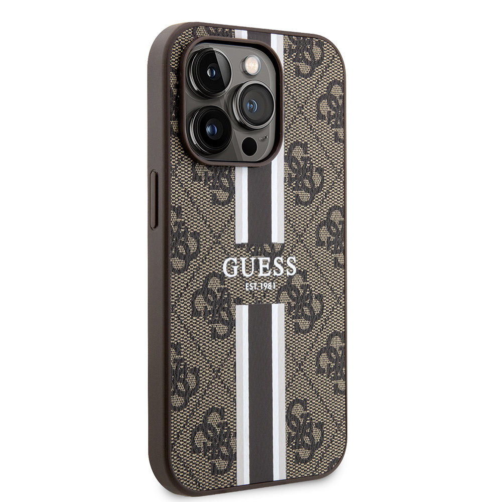 Ovitek MagSafe za Apple iPhone 15 Pro, Guess, 4G Printed Stripes, rjava