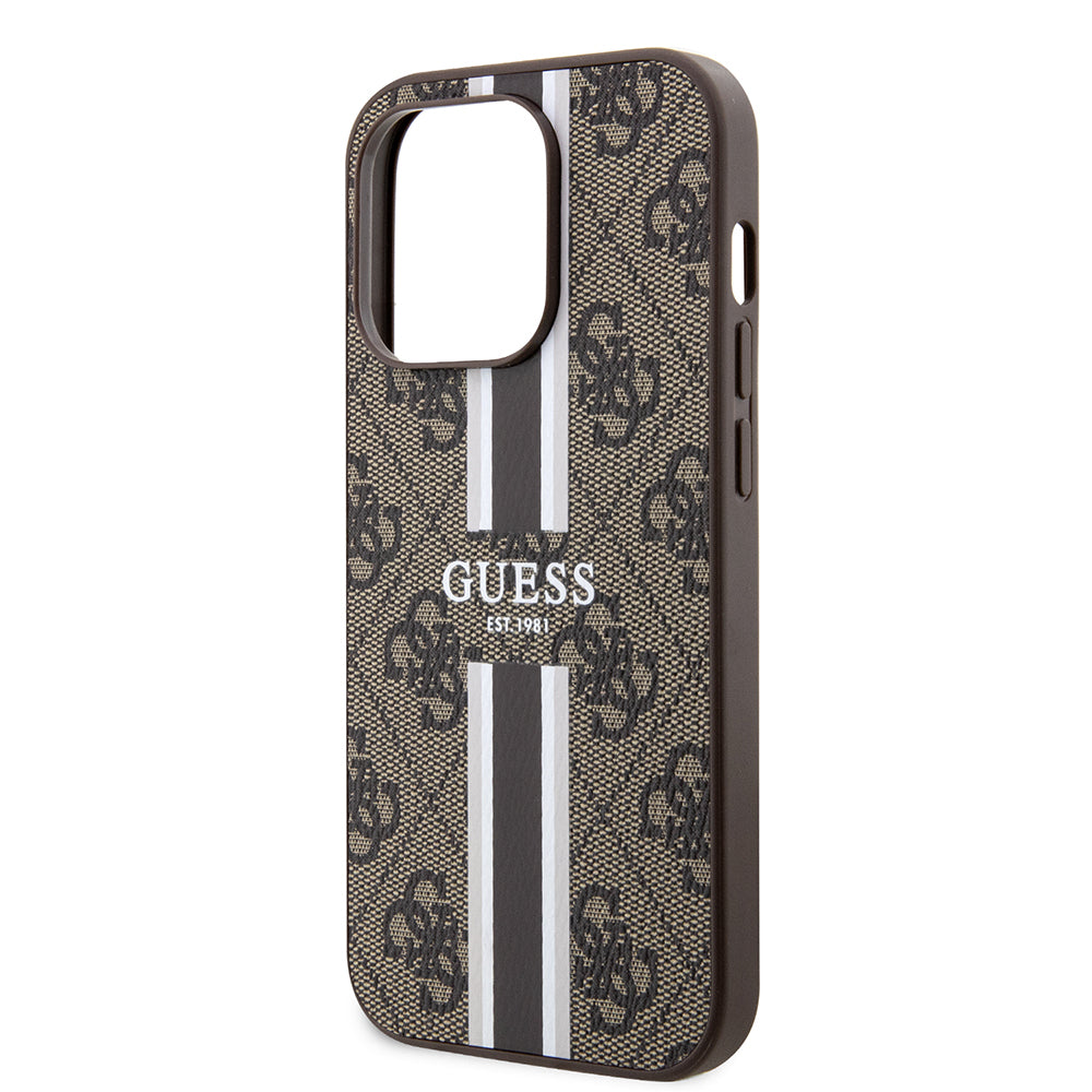 Ovitek MagSafe za Apple iPhone 15 Pro, Guess, 4G Printed Stripes, rjava