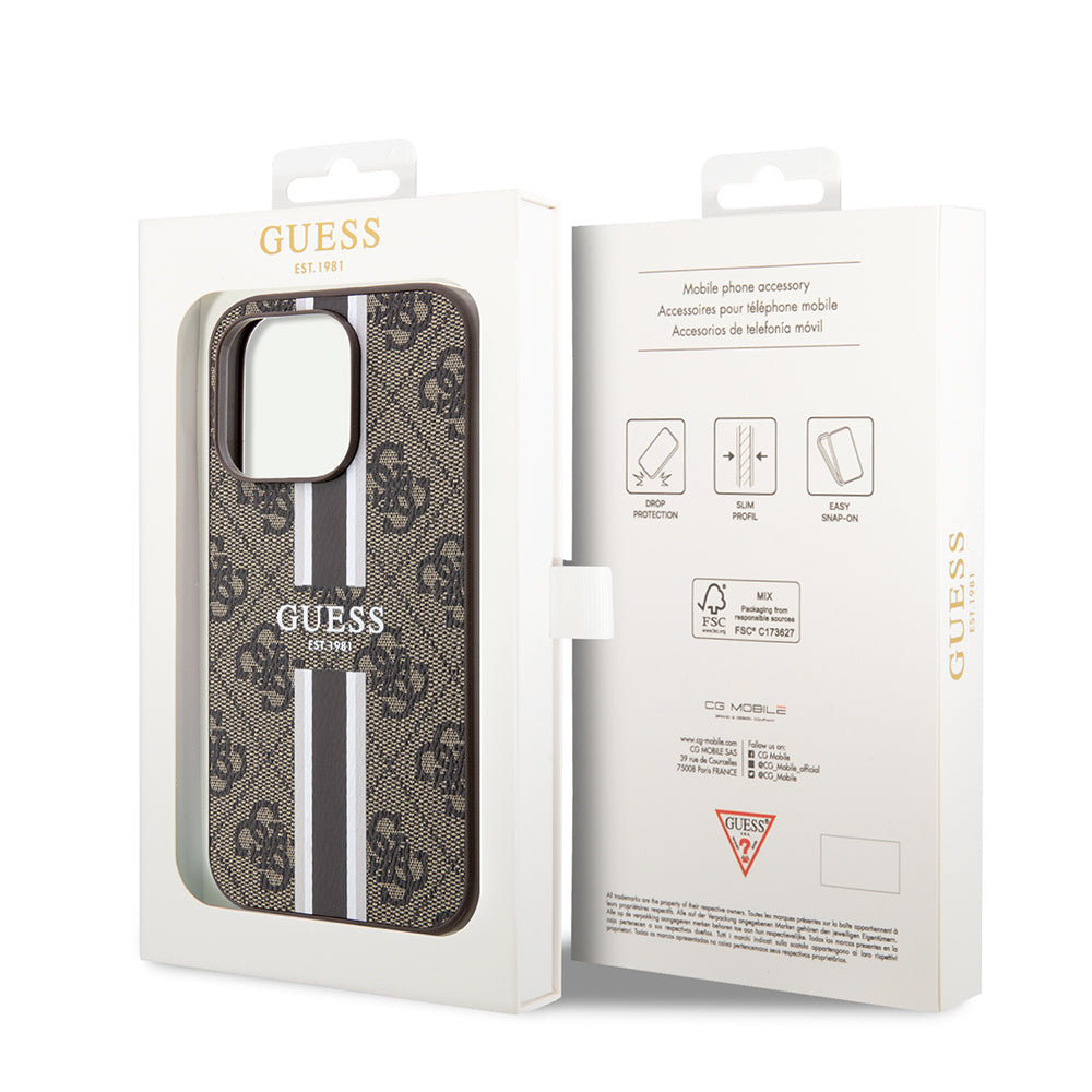 Ovitek MagSafe za Apple iPhone 15 Pro, Guess, 4G Printed Stripes, rjava